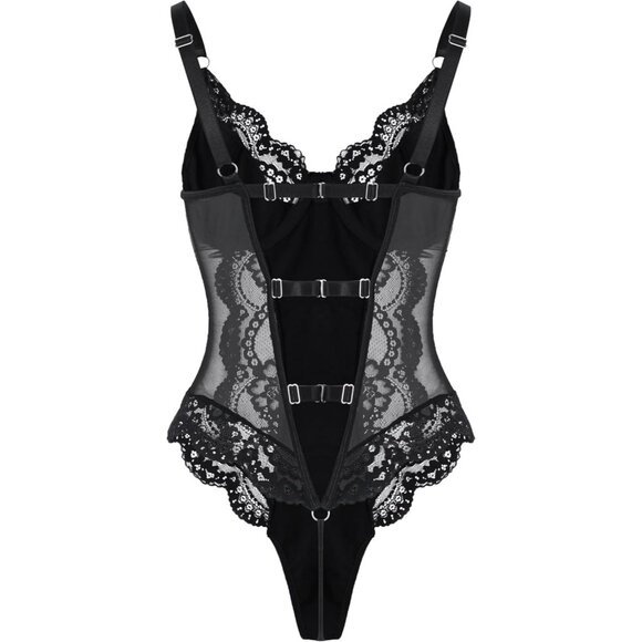 Sexy Black Lace Corset Teddy Lingerie Women Push Up Leather Sheer Bodysuit Top - Picture 5 of 6